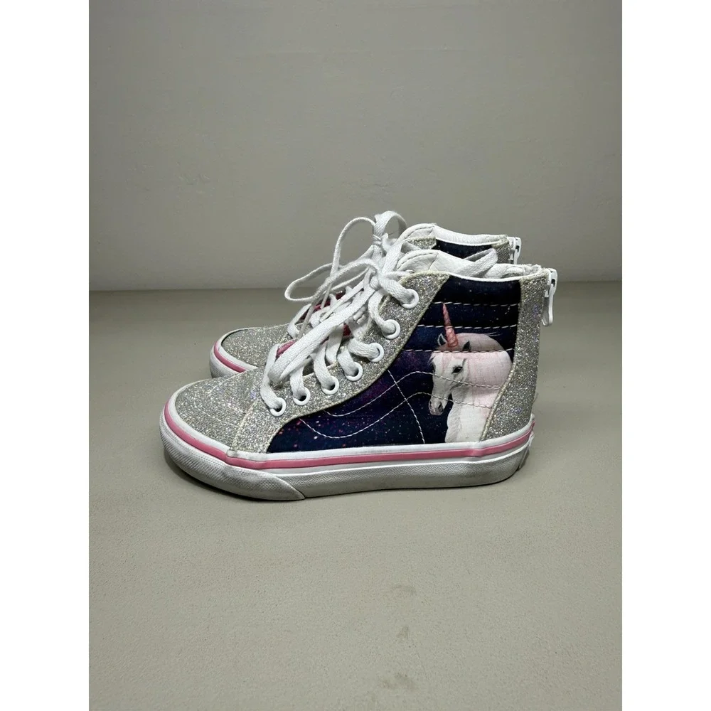 KIDS VANS HIGH TOP ZIPPER SNEAKER SILVER GLITTER UNICORN GIRLS SIZE 11